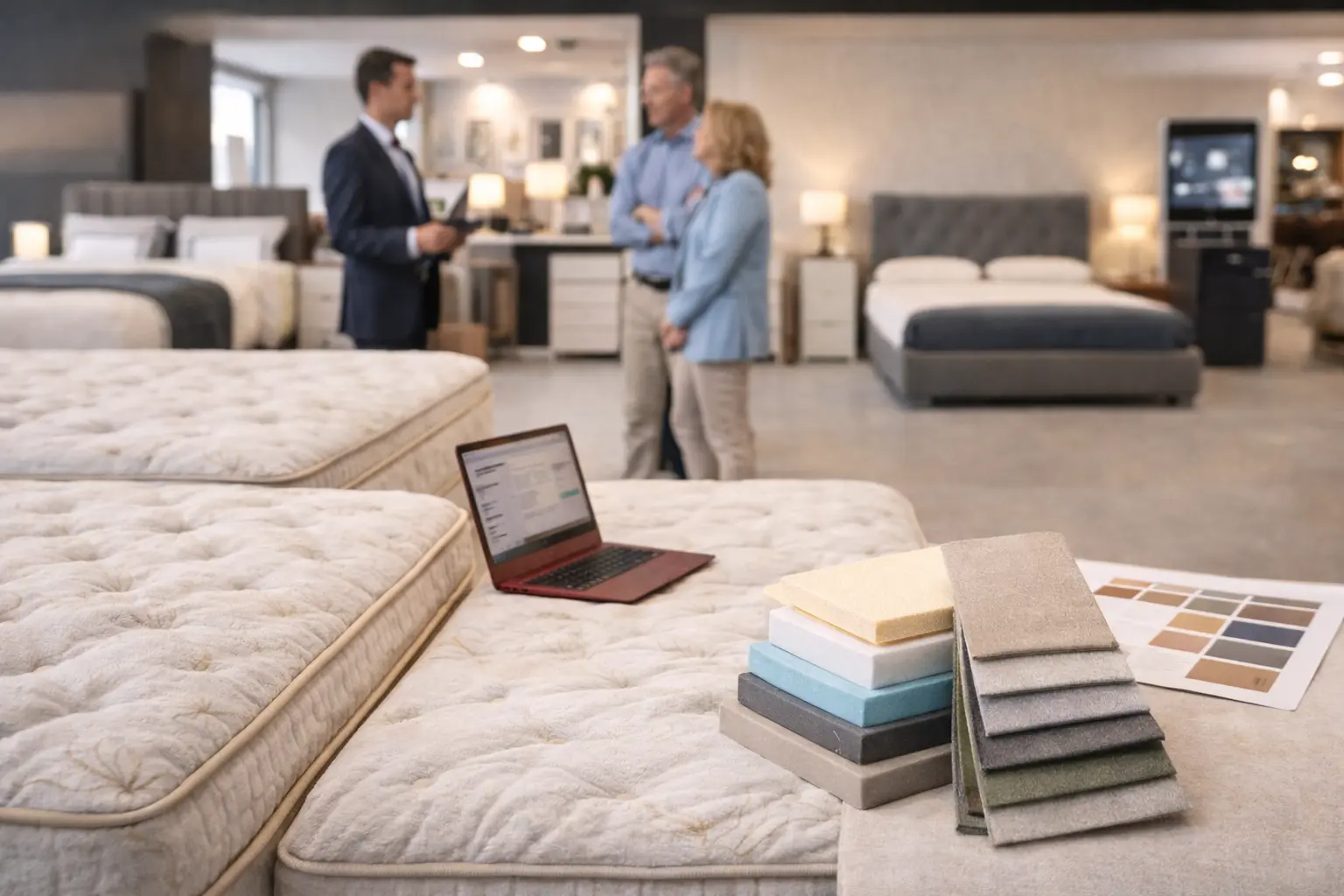 Mobilya mağazası ve bayi satış modeli için yatak tedarikini temsil eden görsel